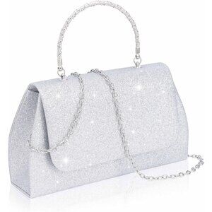 🆕Women’s Silver Glitter Evening Handbag Top Handle Purse w/ Chain Crossbody Bag
